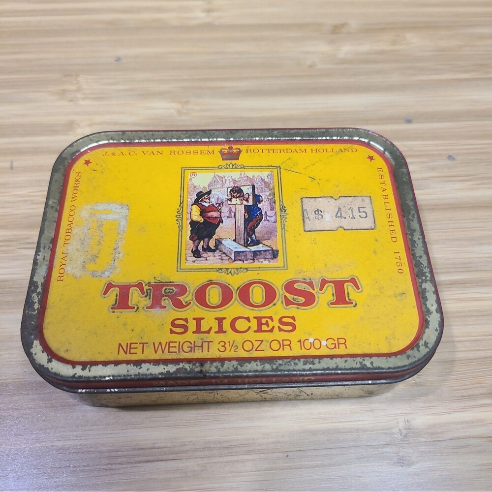 Antique EMPTY Advertising Pipe Tobacco Tin Troost Slices Vintage Litho Holland